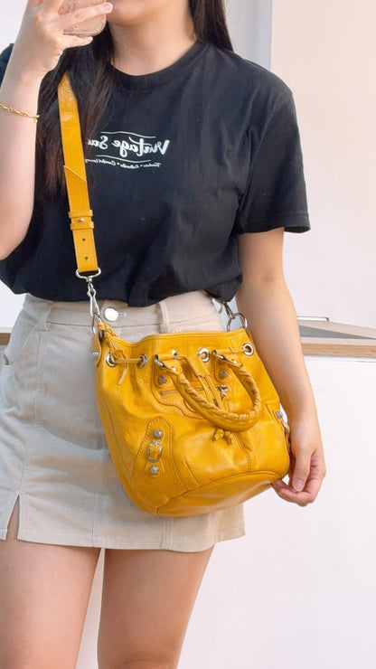 Balenciaga Yellow Lambskin Giant Pompon Bucket