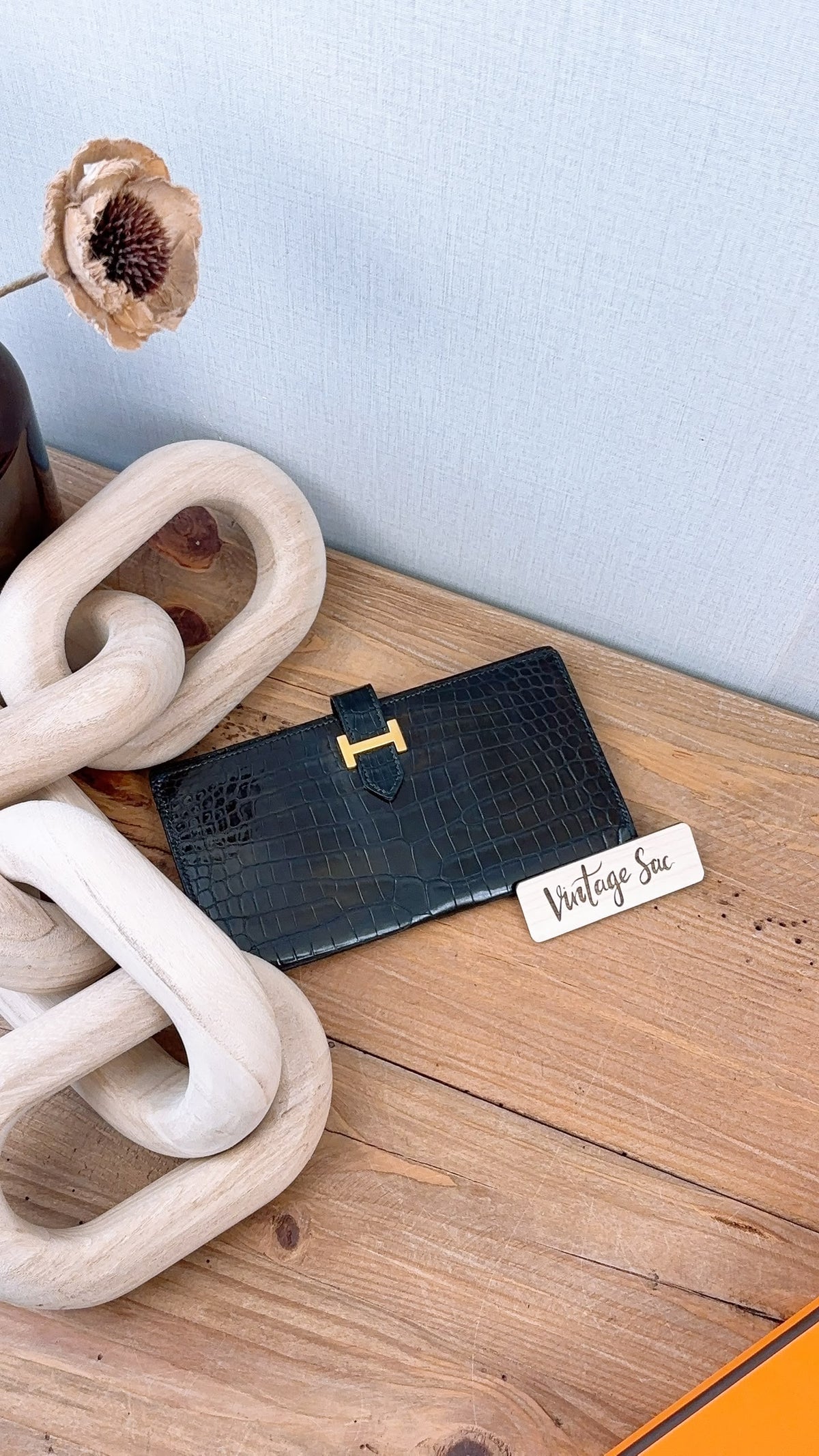Hermes Black Shiny Croc Vintage Bearn Wallet (GHW)