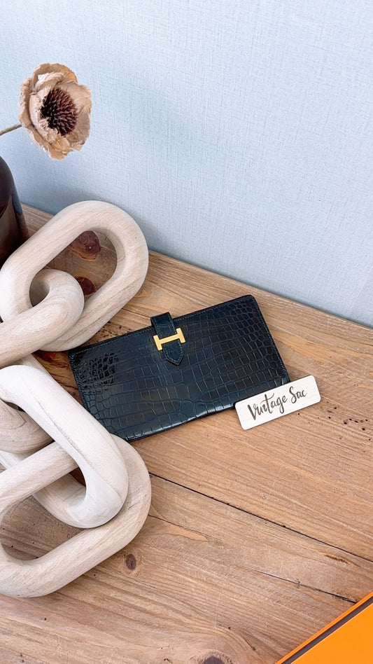 Hermes Black Shiny Croc Vintage Bearn Wallet (GHW)