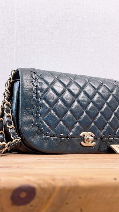 Chanel Black x Navy Lambskin Braided Saddle Flap (GHW)