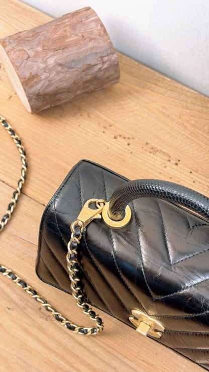 Chanel Black Aged Calfskin Chevron Small Coco Handle with Lizard Handle (BGHW)