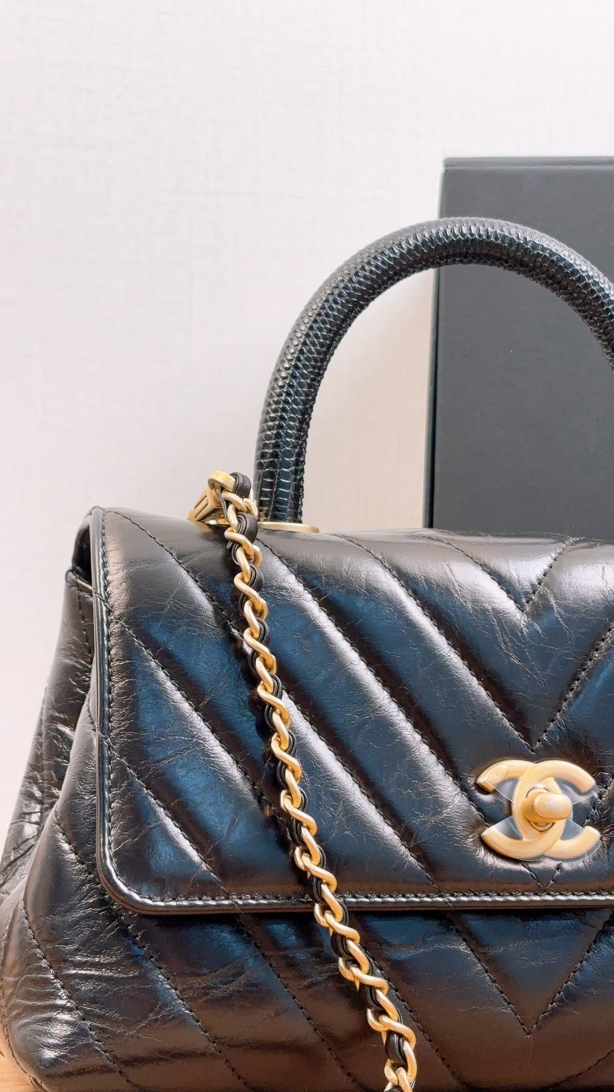 Chanel Black Aged Calfskin Chevron Small Coco Handle with Lizard Handle (BGHW)