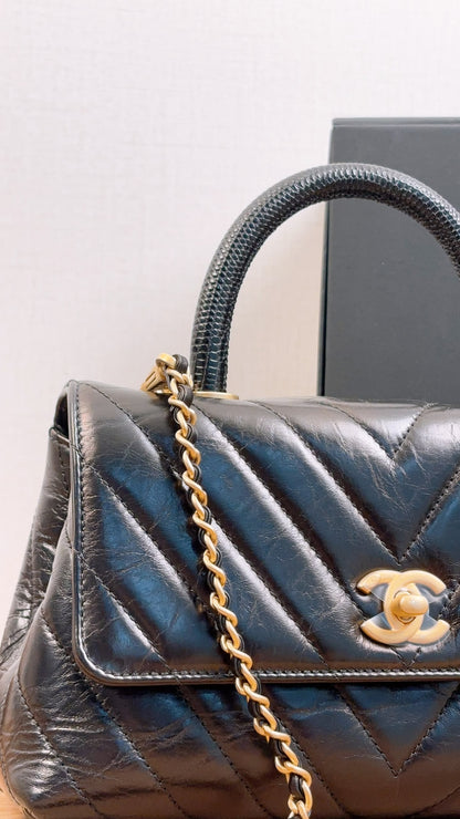 Chanel Black Aged Calfskin Chevron Small Coco Handle with Lizard Handle (BGHW)