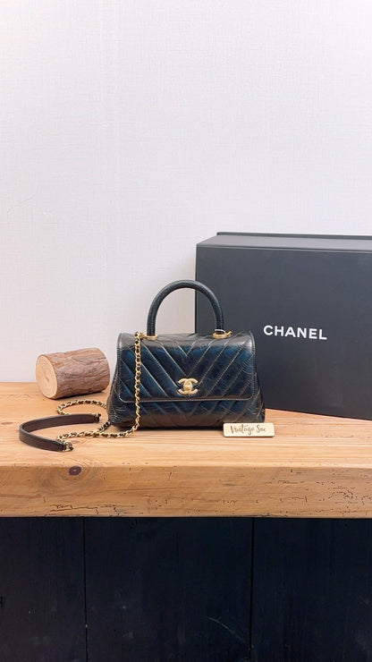 Chanel Black Aged Calfskin Chevron Small Coco Handle with Lizard Handle (BGHW)
