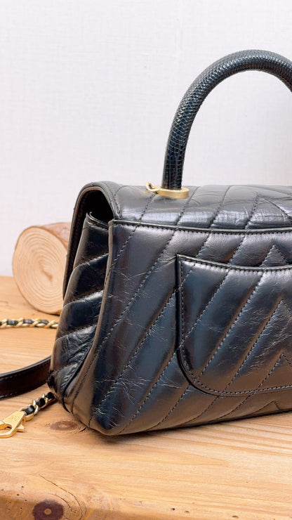Chanel Black Aged Calfskin Chevron Small Coco Handle with Lizard Handle (BGHW)