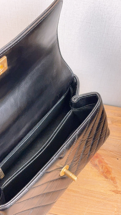 Chanel Black Aged Calfskin Chevron Small Coco Handle with Lizard Handle (BGHW)