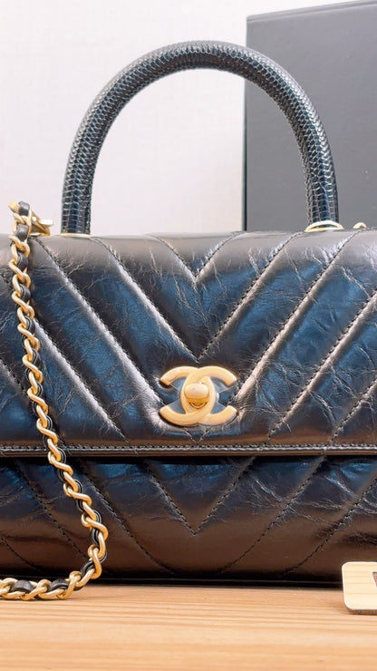 Chanel Black Aged Calfskin Chevron Small Coco Handle with Lizard Handle (BGHW)