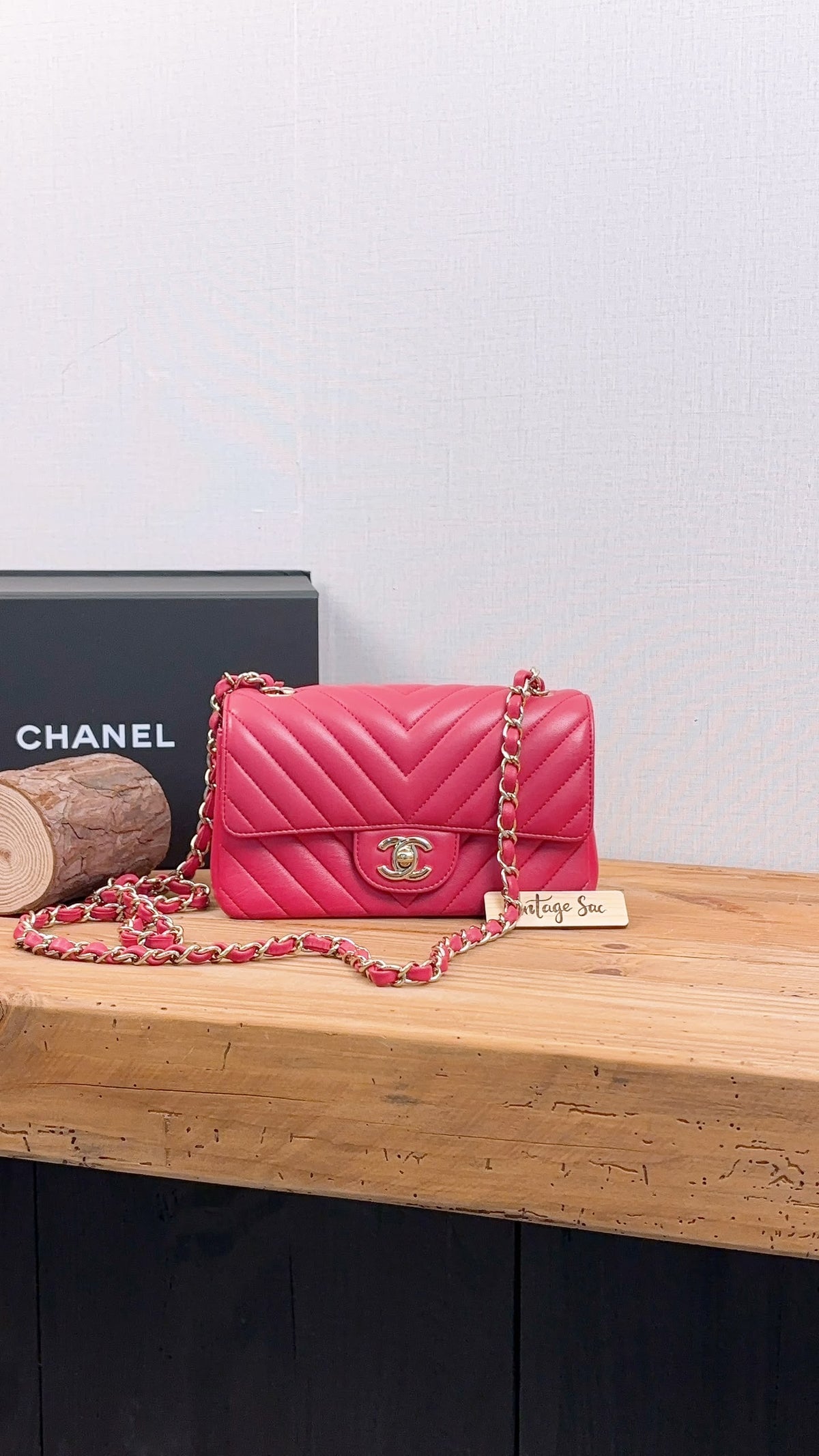 Chanel Pink Lambskin Chevron Classic Mini Rectangular Flap (LGHW)