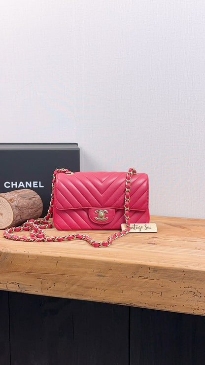 Chanel Pink Lambskin Chevron Classic Mini Rectangular Flap (LGHW)
