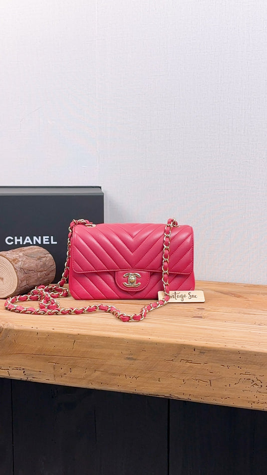 Chanel Pink Lambskin Chevron Classic Mini Rectangular Flap (LGHW)