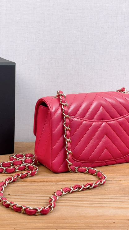 Chanel Pink Lambskin Chevron Classic Mini Rectangular Flap (LGHW)