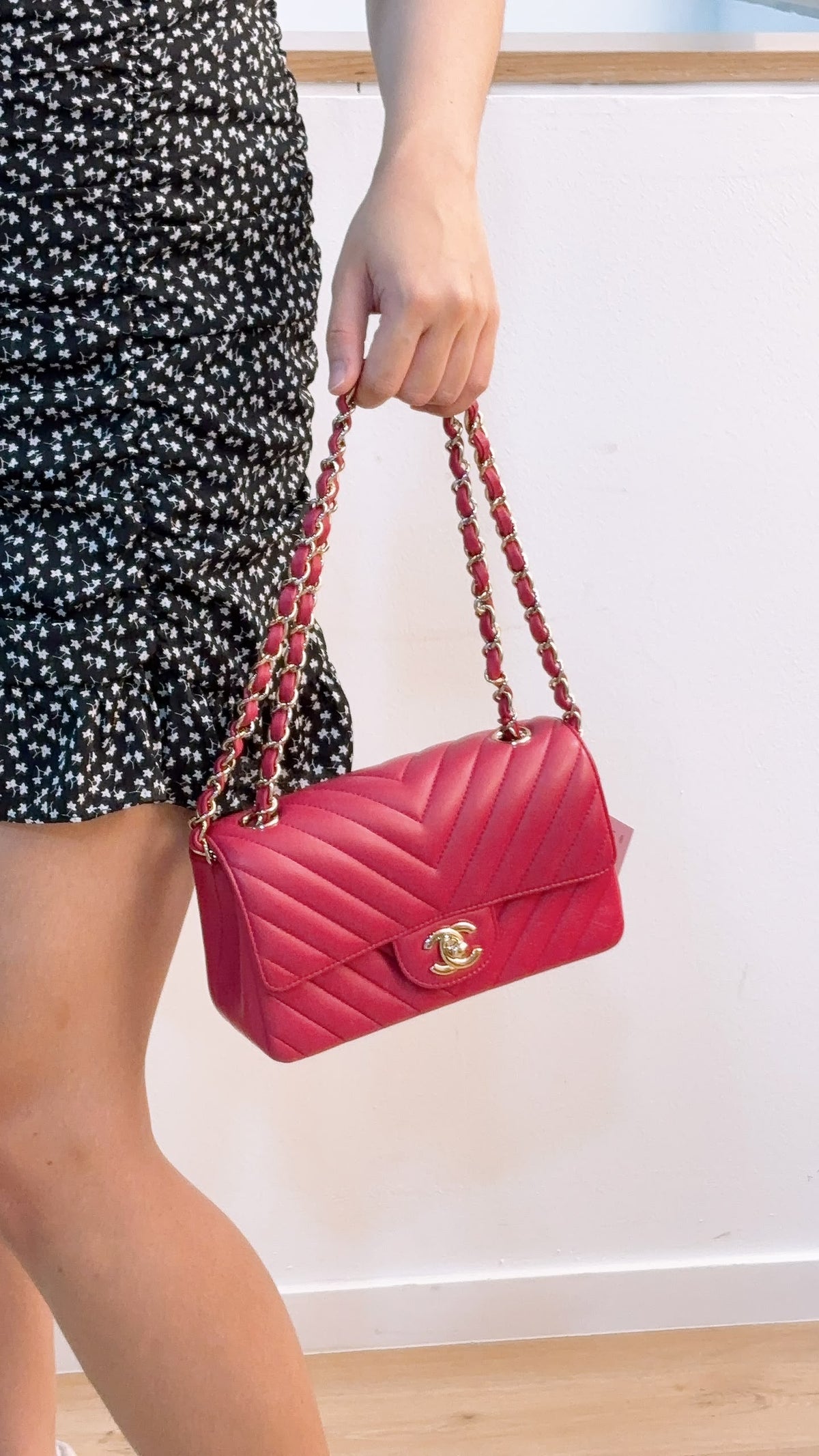 Chanel Pink Lambskin Chevron Classic Mini Rectangular Flap (LGHW)