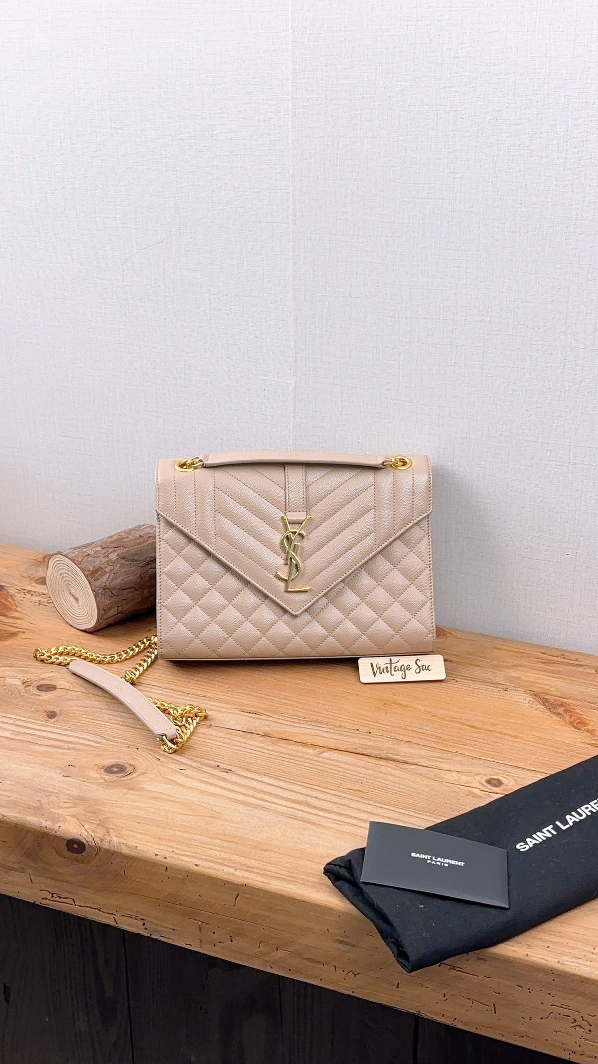 YSL Beige Grain de Poudre Medium Envelope (GHW)