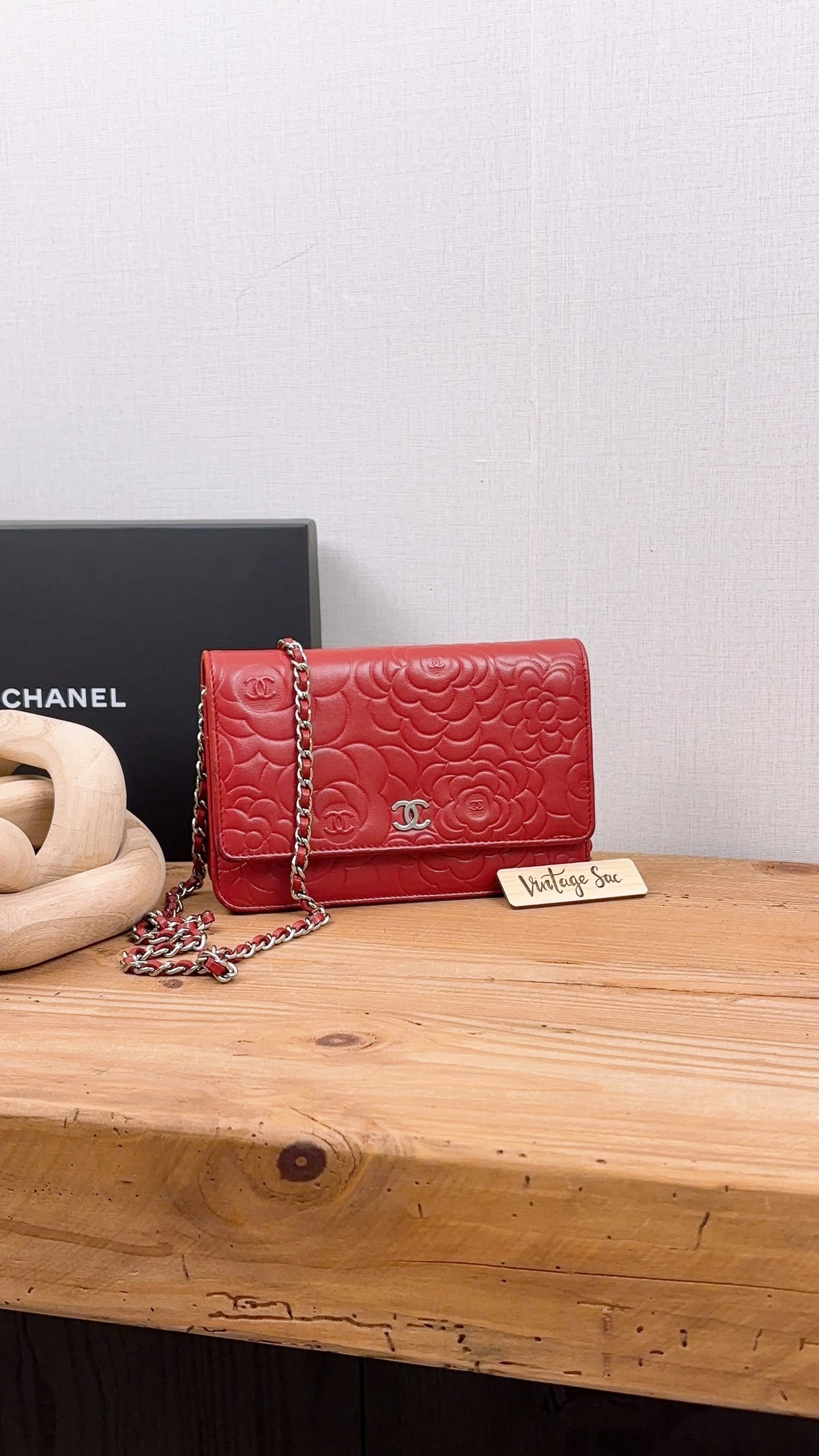 Chanel Red Lambskin Camellia Embossed WOC (SHW)
