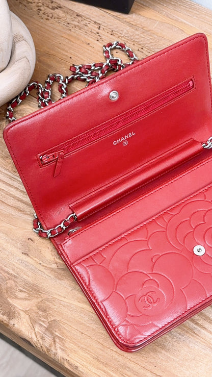 Chanel Red Lambskin Camellia Embossed WOC (SHW)