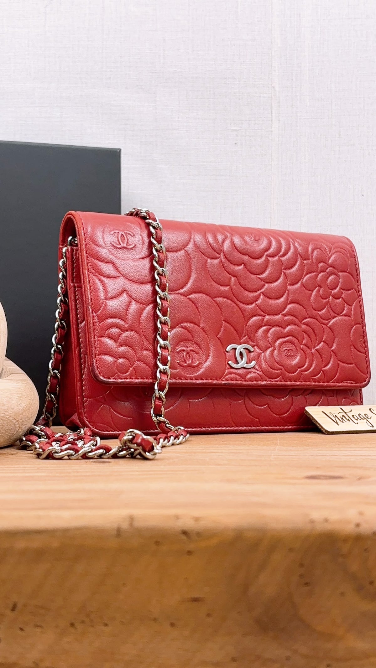 Chanel Red Lambskin Camellia Embossed WOC (SHW)