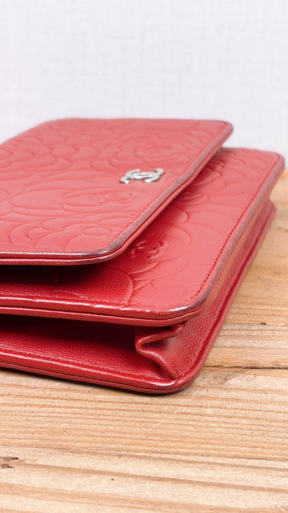 Chanel Red Lambskin Camellia Embossed WOC (SHW)