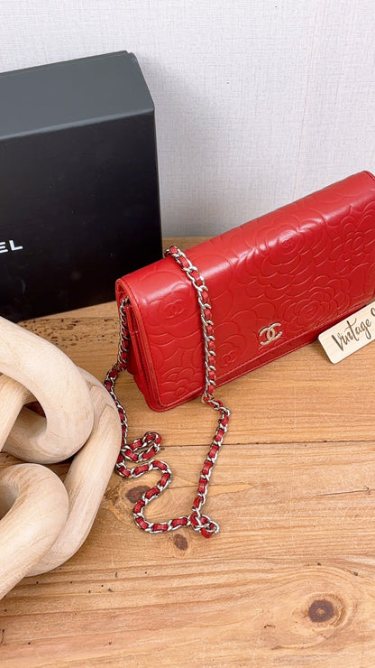 Chanel Red Lambskin Camellia Embossed WOC (SHW)