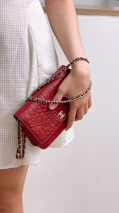 Chanel Red Lambskin Camellia Embossed WOC (SHW)