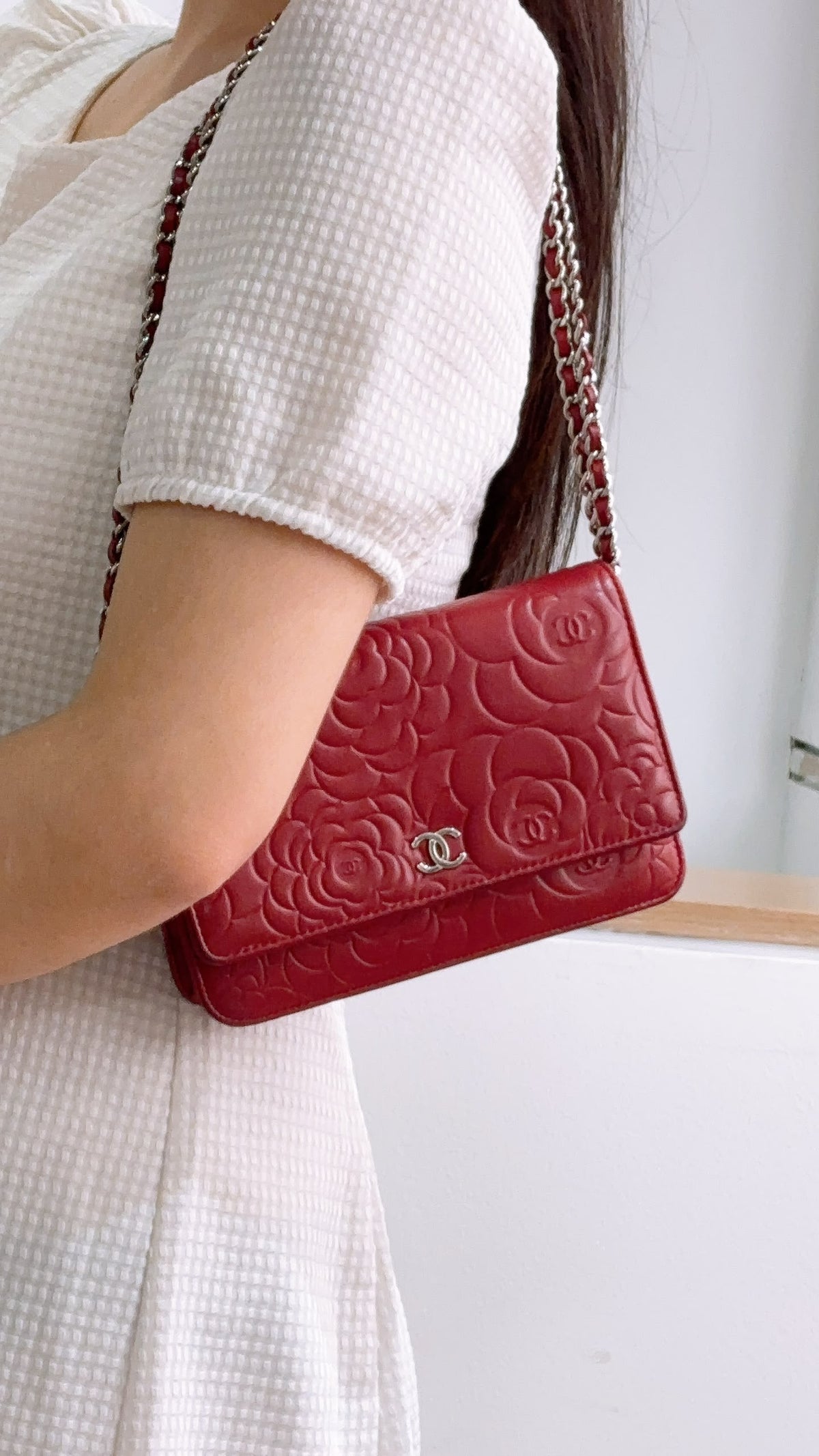 Chanel Red Lambskin Camellia Embossed WOC (SHW)
