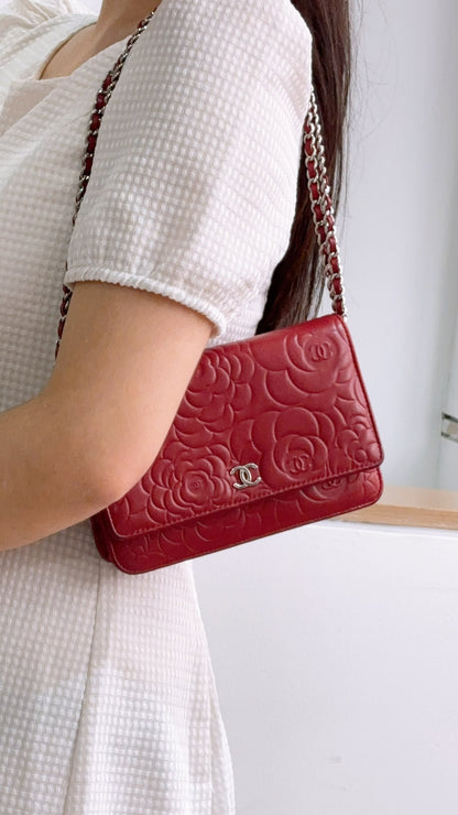 Chanel Red Lambskin Camellia Embossed WOC (SHW)