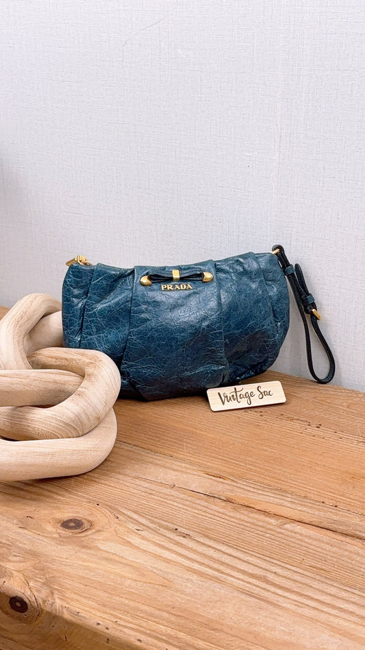 Blue Leather Wristlet Pouch
