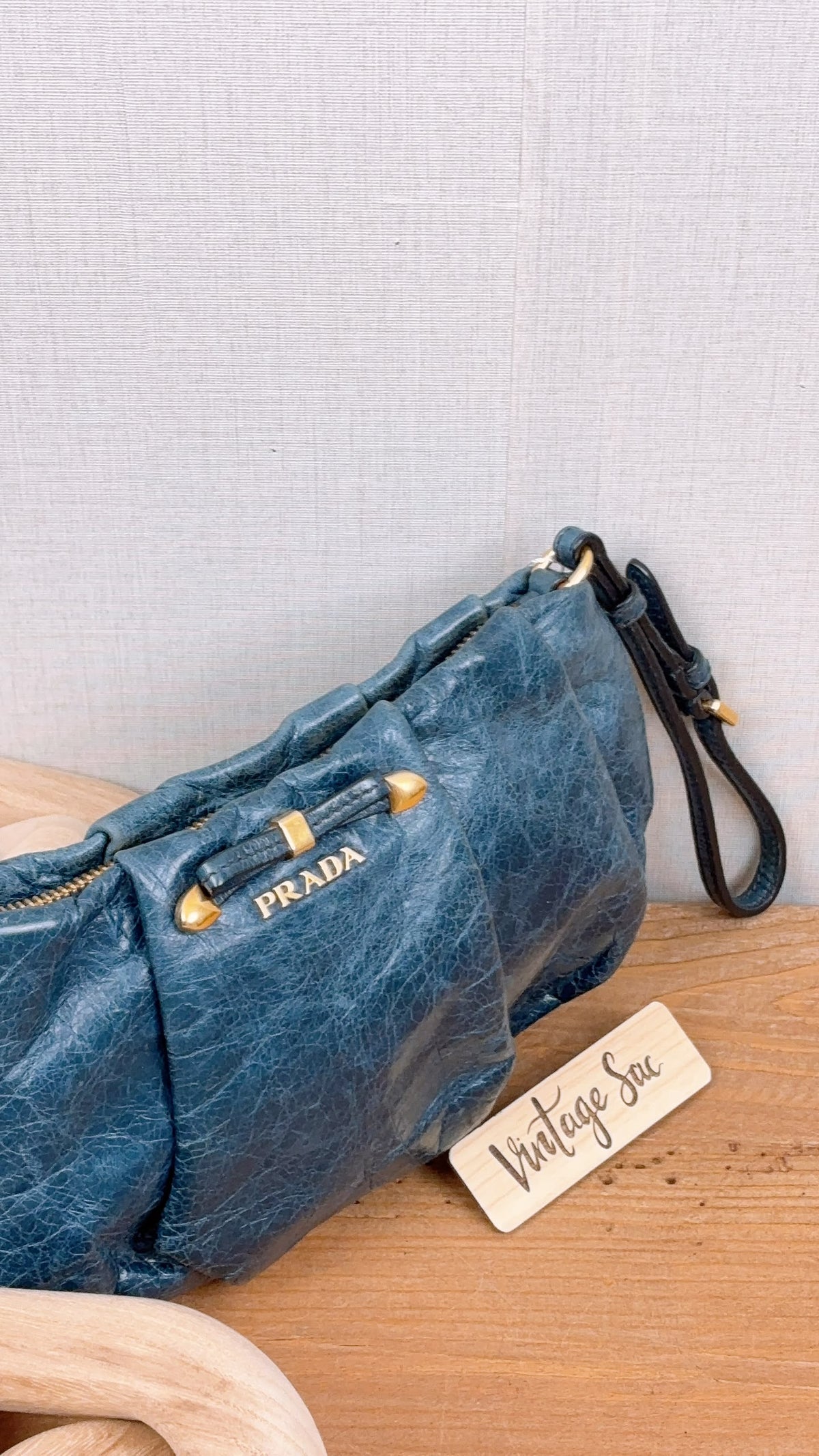 Blue Leather Wristlet Pouch