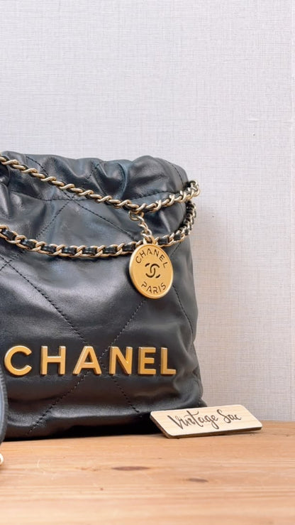 Chanel Black Lambskin Mini 22 Bag (GHW)
