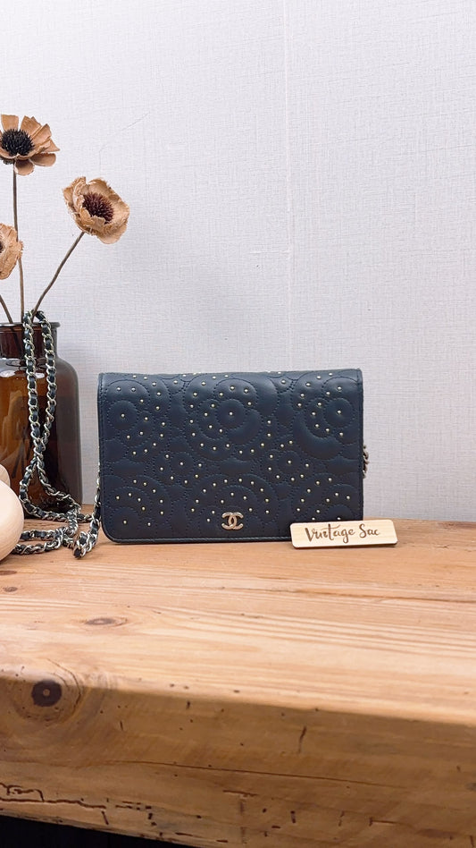 Chanel Navy Lambskin Camellia Studded WOC (SHW)