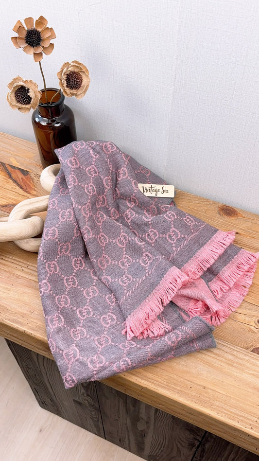 Gucci Pink / Grey Wool Jacquard Monogram Scarf