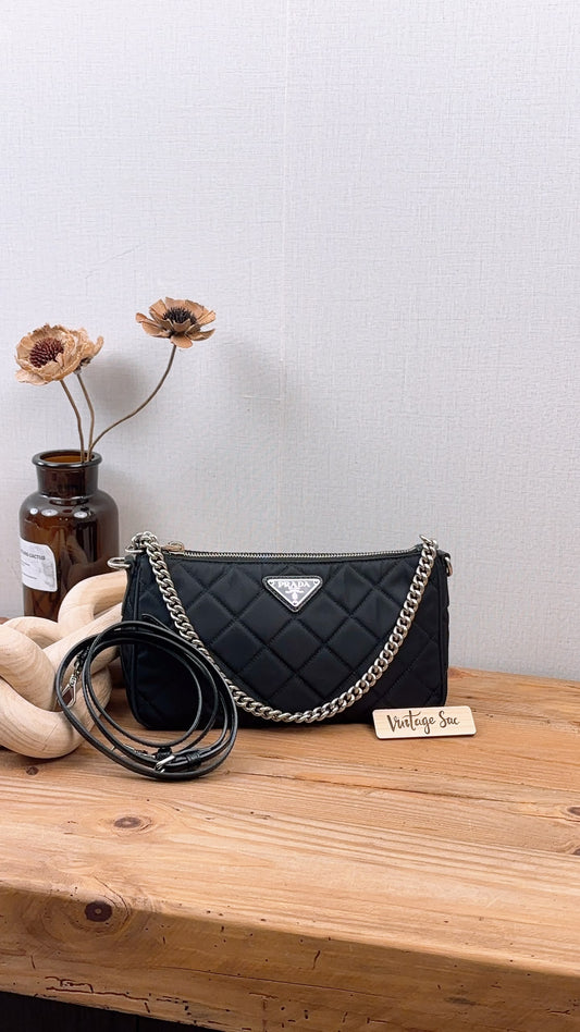 Prada Black Nylon Tessuto Impuntu Chain Crossbody Bag