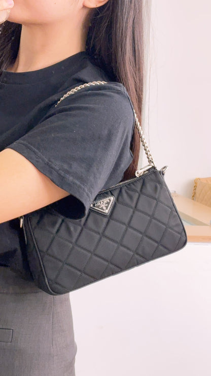 Prada Black Nylon Tessuto Impuntu Chain Crossbody Bag