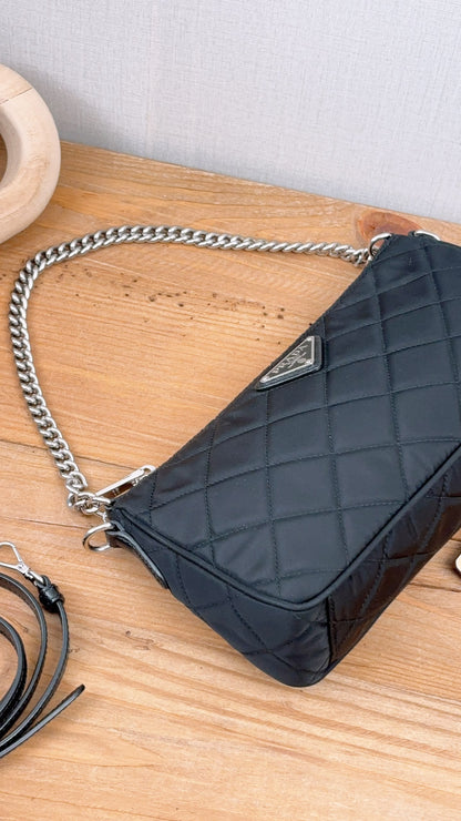 Prada Black Nylon Tessuto Impuntu Chain Crossbody Bag