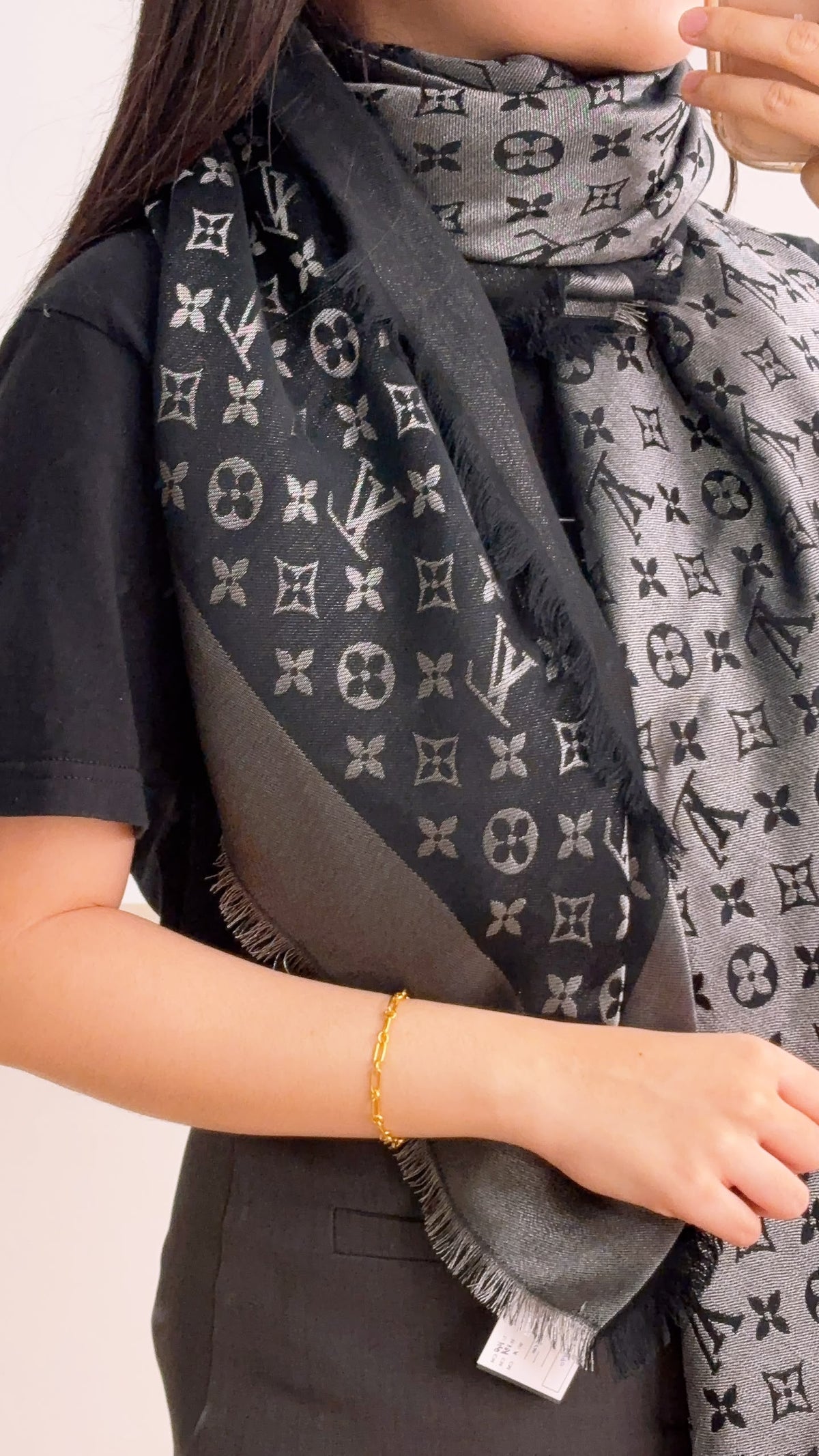 LV Black x Silver Monogram Shine Shawl Scarf