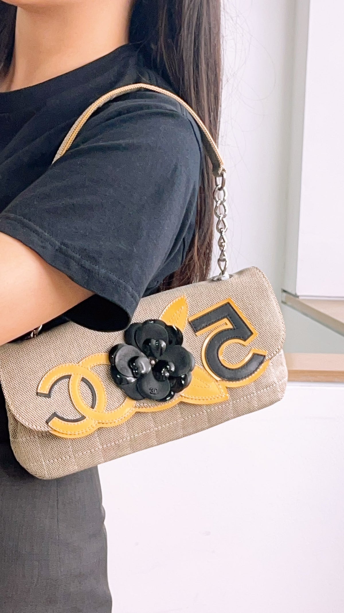 Chanel Grey Canvas Camellia No.5 Shoulder Bag