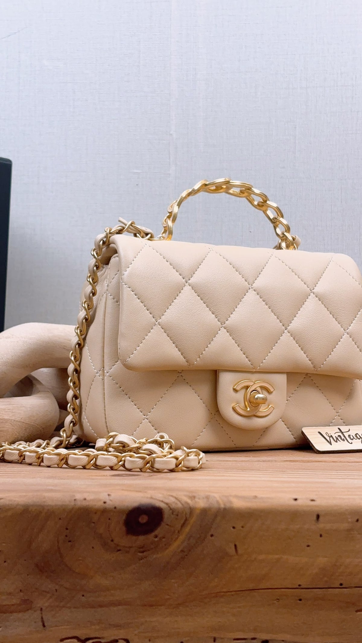 Chanel Beige Lambskin 25C Enamel Top Handle Flap Bag (GHW)