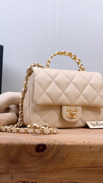 Chanel Beige Lambskin 25C Enamel Top Handle Flap Bag (GHW)