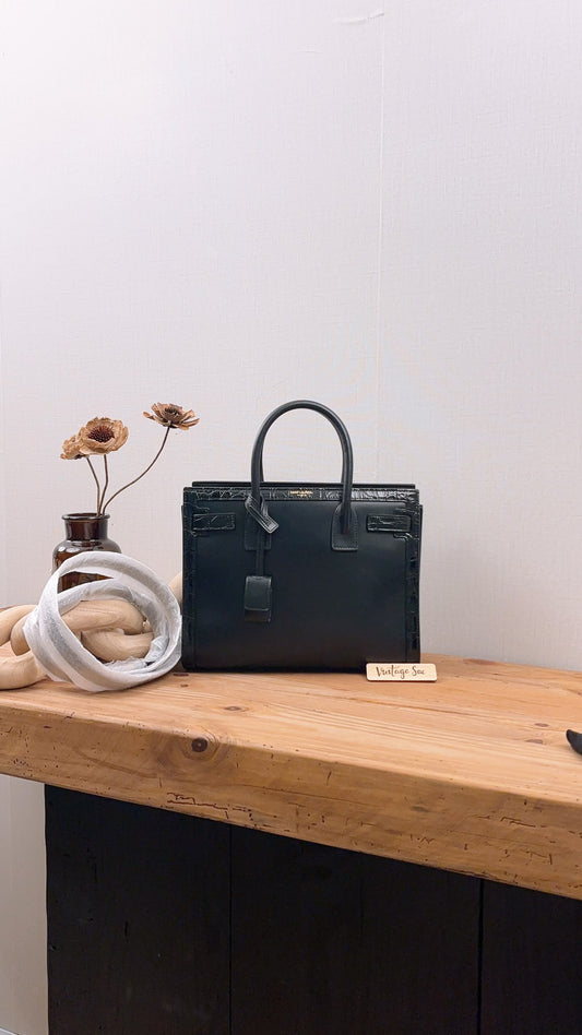 YSL Black Calfskin Sac De Jour Baby with Croc Trim