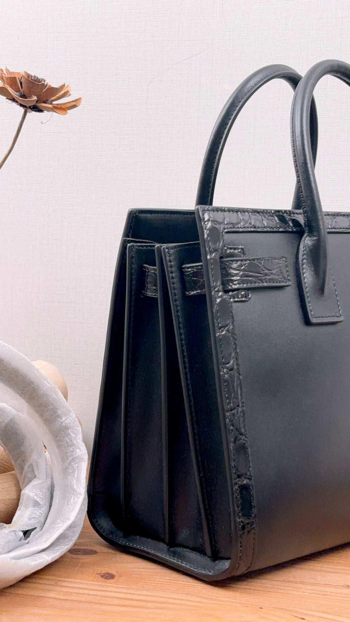 YSL Black Calfskin Sac De Jour Baby with Croc Trim