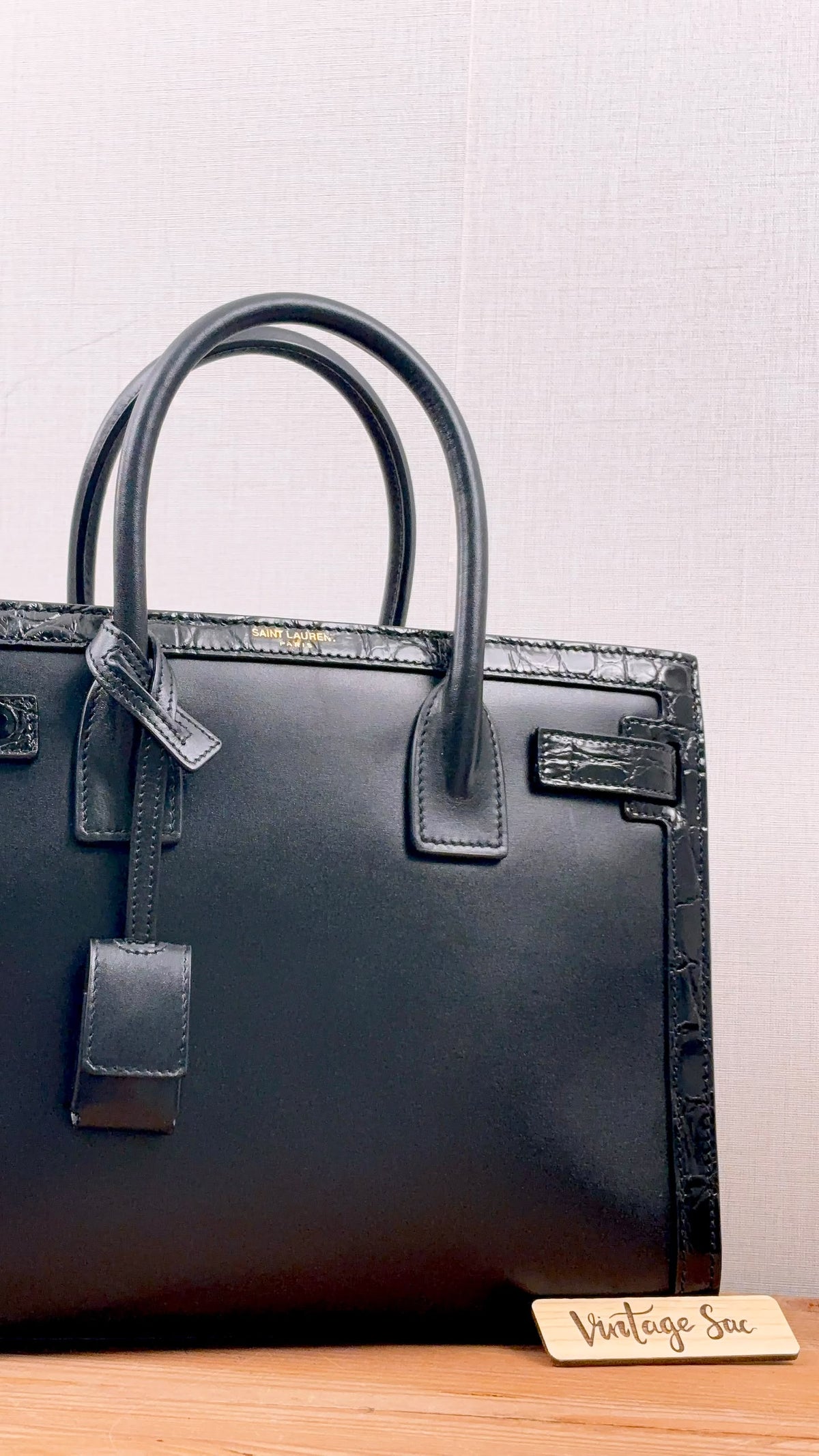 YSL Black Calfskin Sac De Jour Baby with Croc Trim