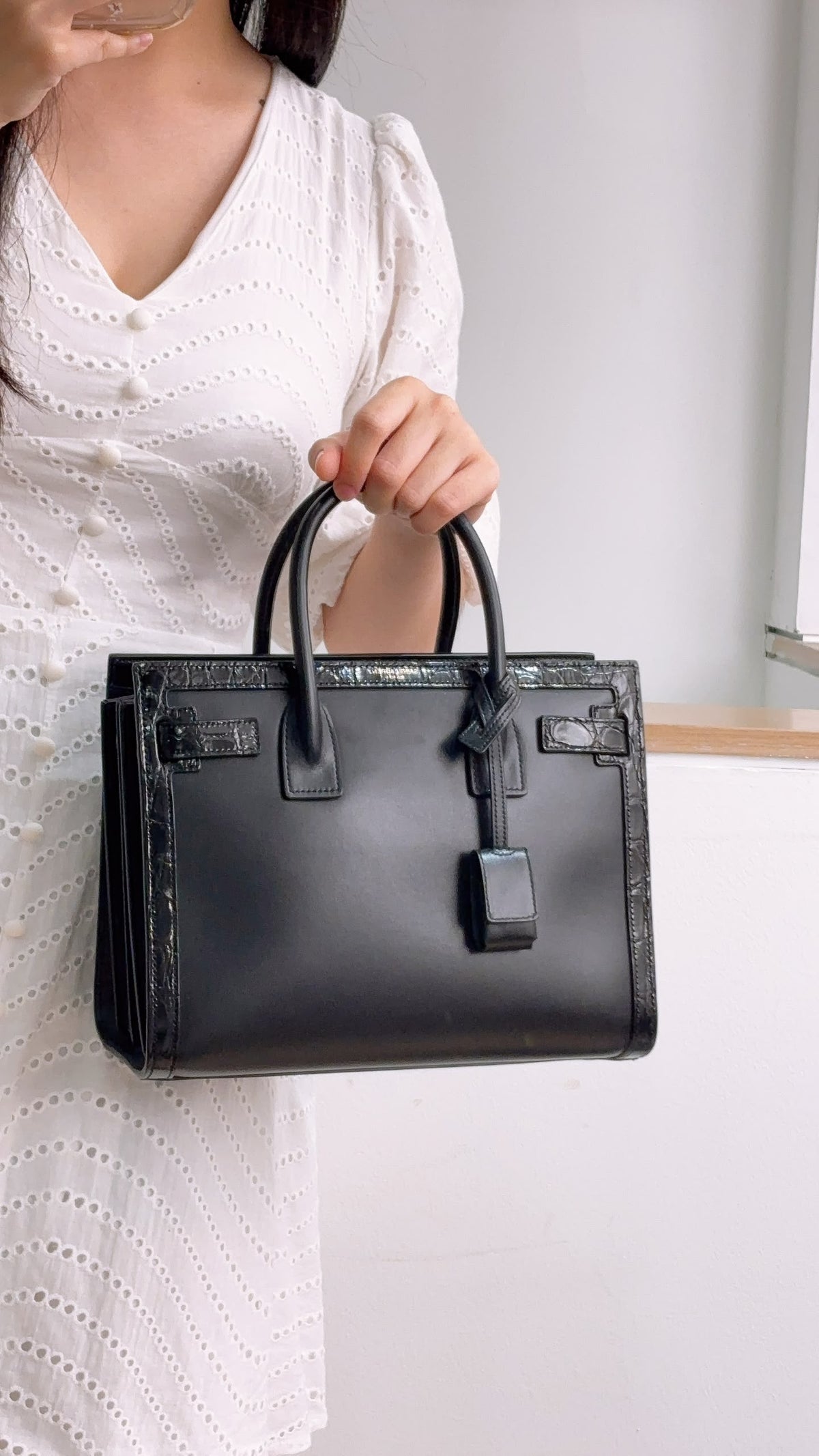 YSL Black Calfskin Sac De Jour Baby with Croc Trim