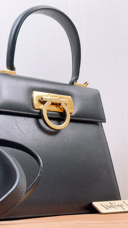 Salvatore Ferragamo Black Calfskin Gancini Kelly Bag