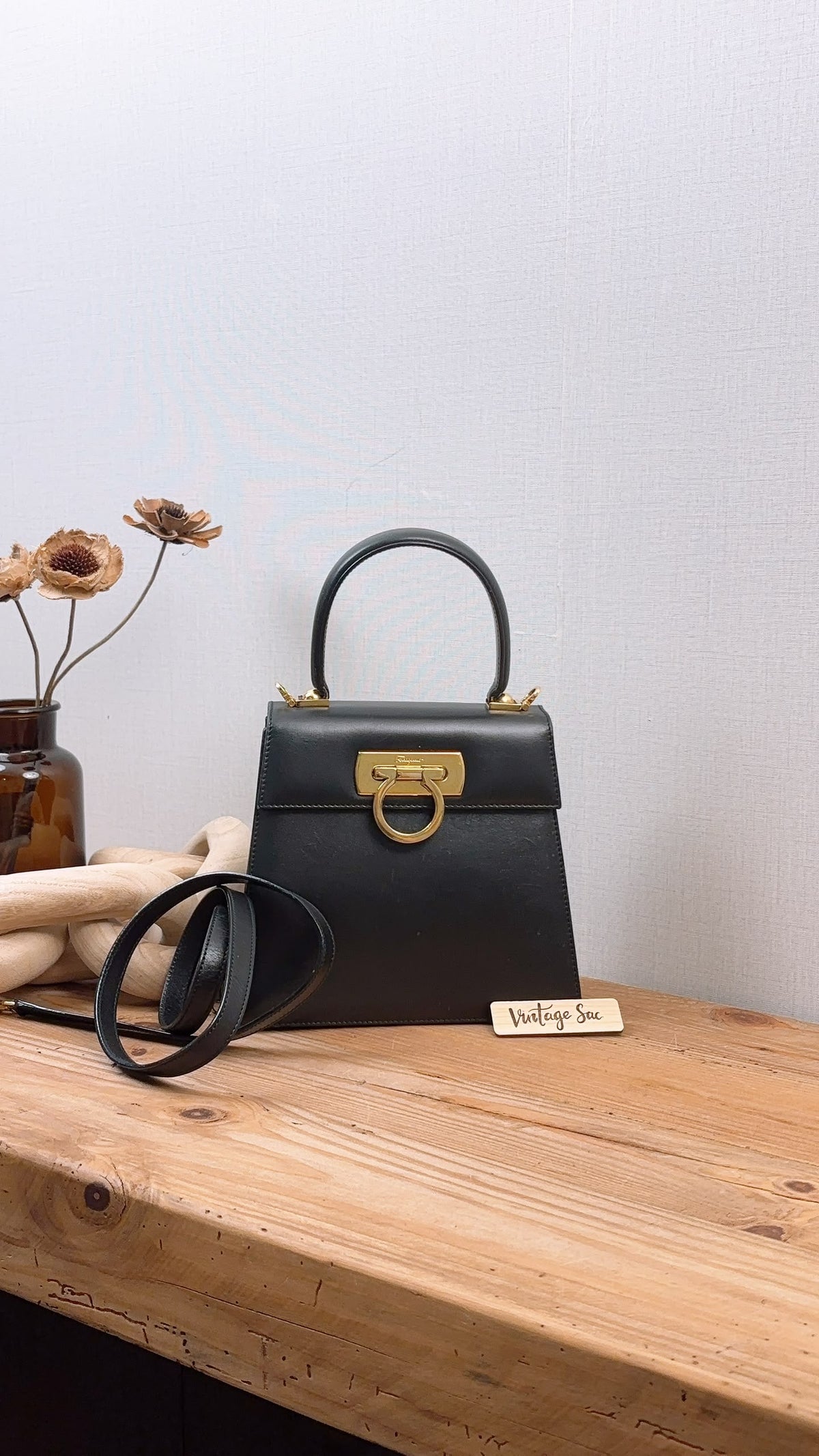 Salvatore Ferragamo Black Calfskin Gancini Kelly Bag