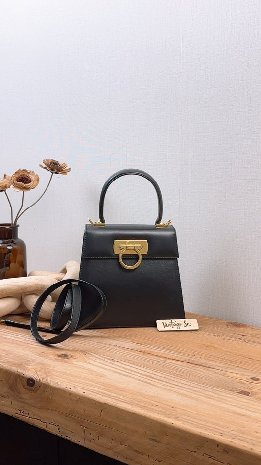 Salvatore Ferragamo Black Calfskin Gancini Kelly Bag