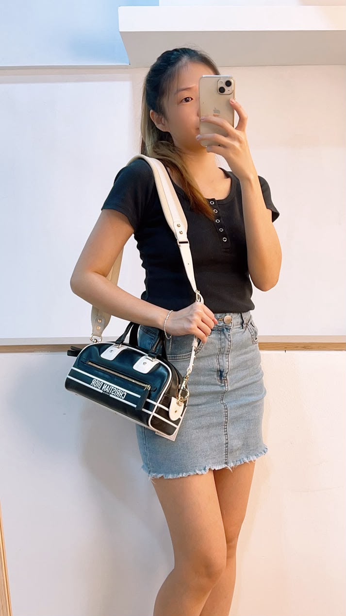 Dior Black x White Calfskin Small Vibe Zip Bowling Bag (GHW)