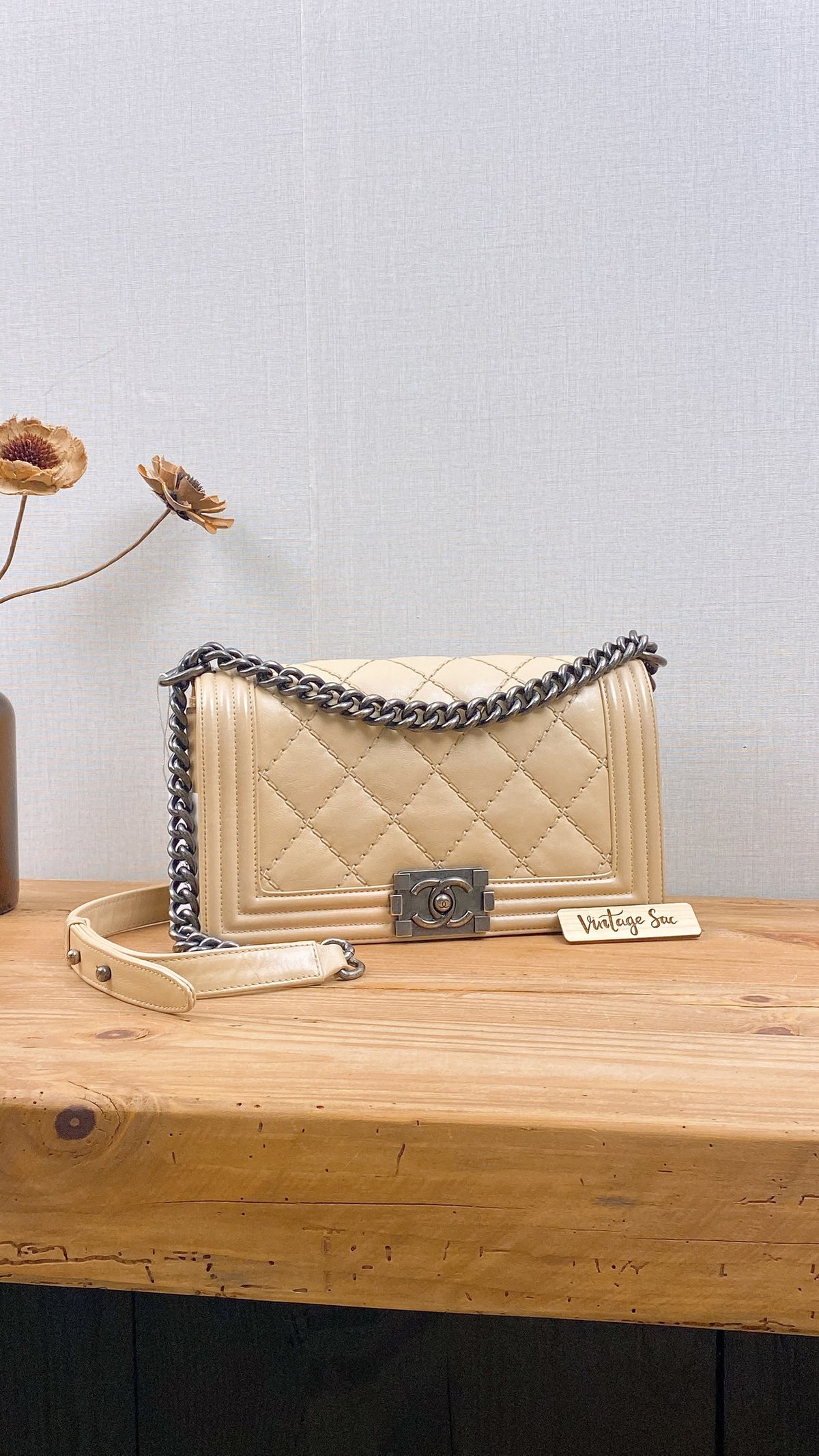 Chanel Beige Calfskin Wildstitch Old Medium Boy