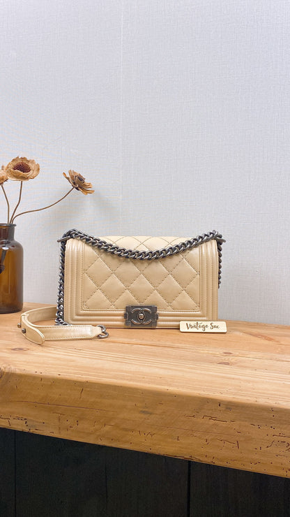 Chanel Beige Calfskin Wildstitch Old Medium Boy