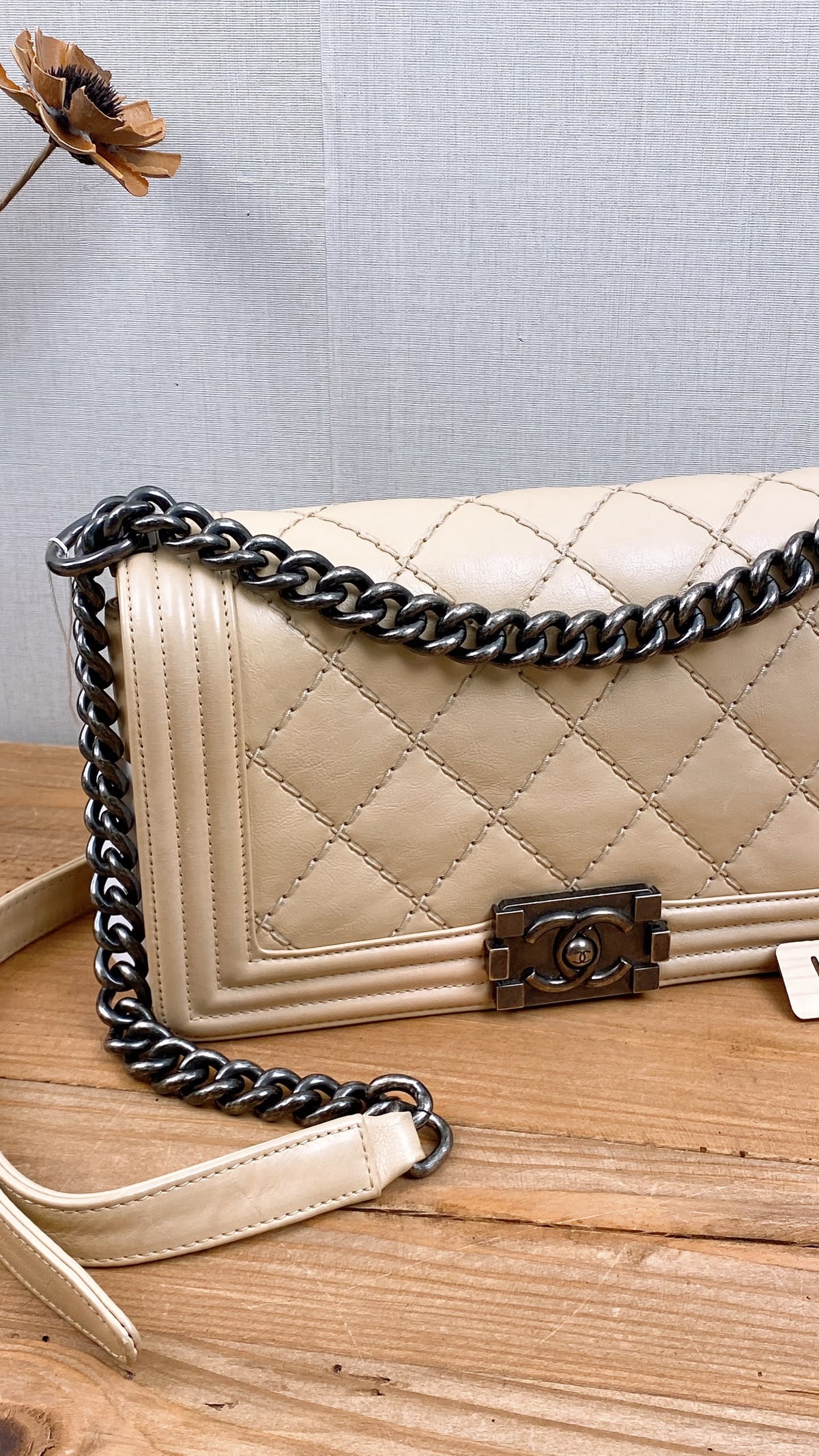 Chanel Beige Calfskin Wildstitch Old Medium Boy