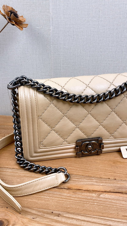 Chanel Beige Calfskin Wildstitch Old Medium Boy