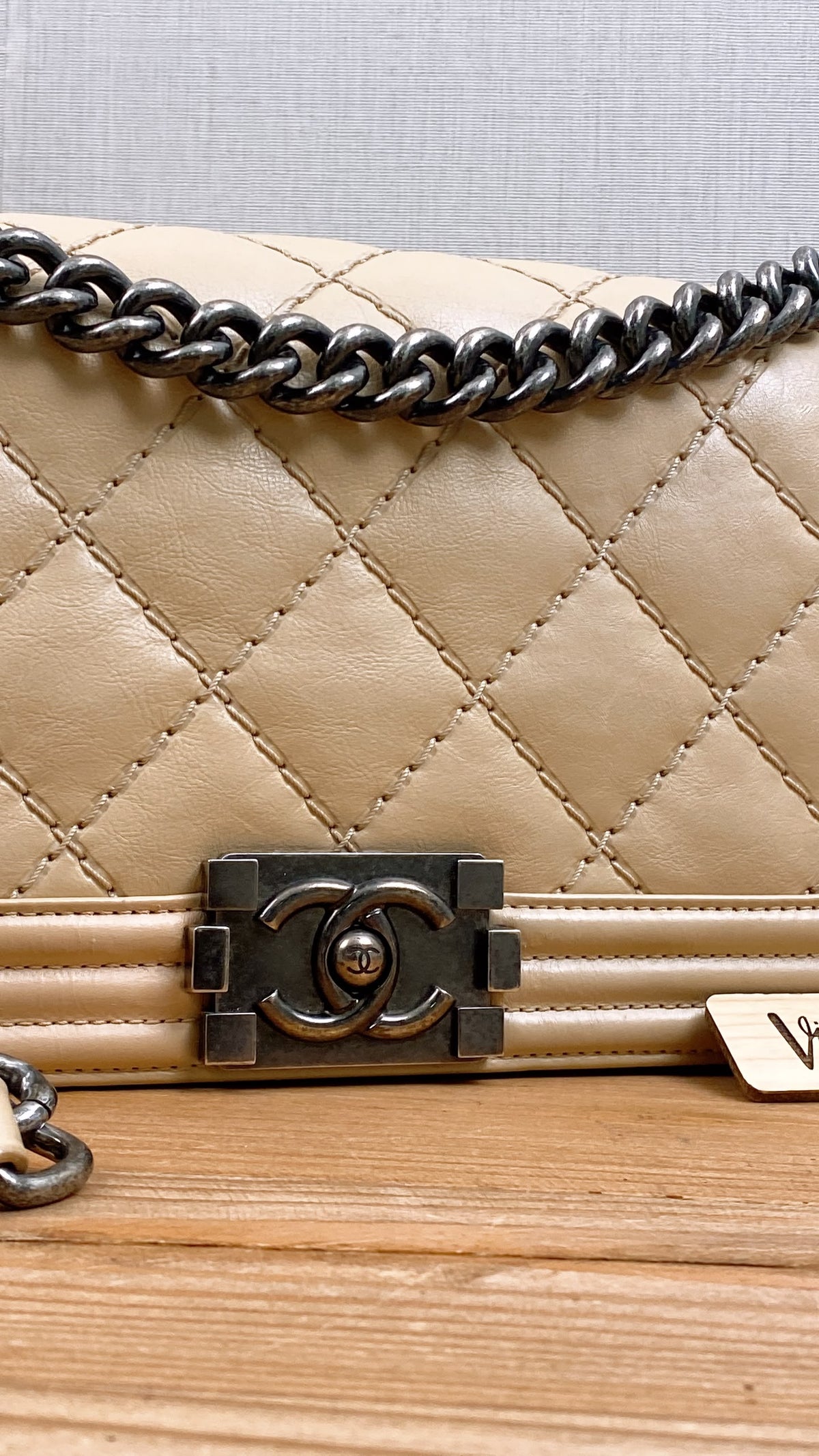 Chanel Beige Calfskin Wildstitch Old Medium Boy
